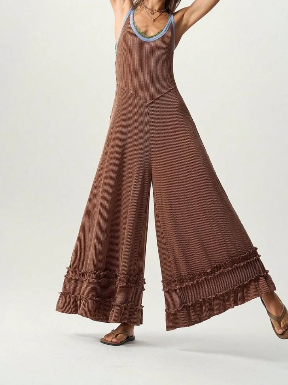 Chocolate Brown Sexy Women's Casual Knit Colorblock Jumpsuit